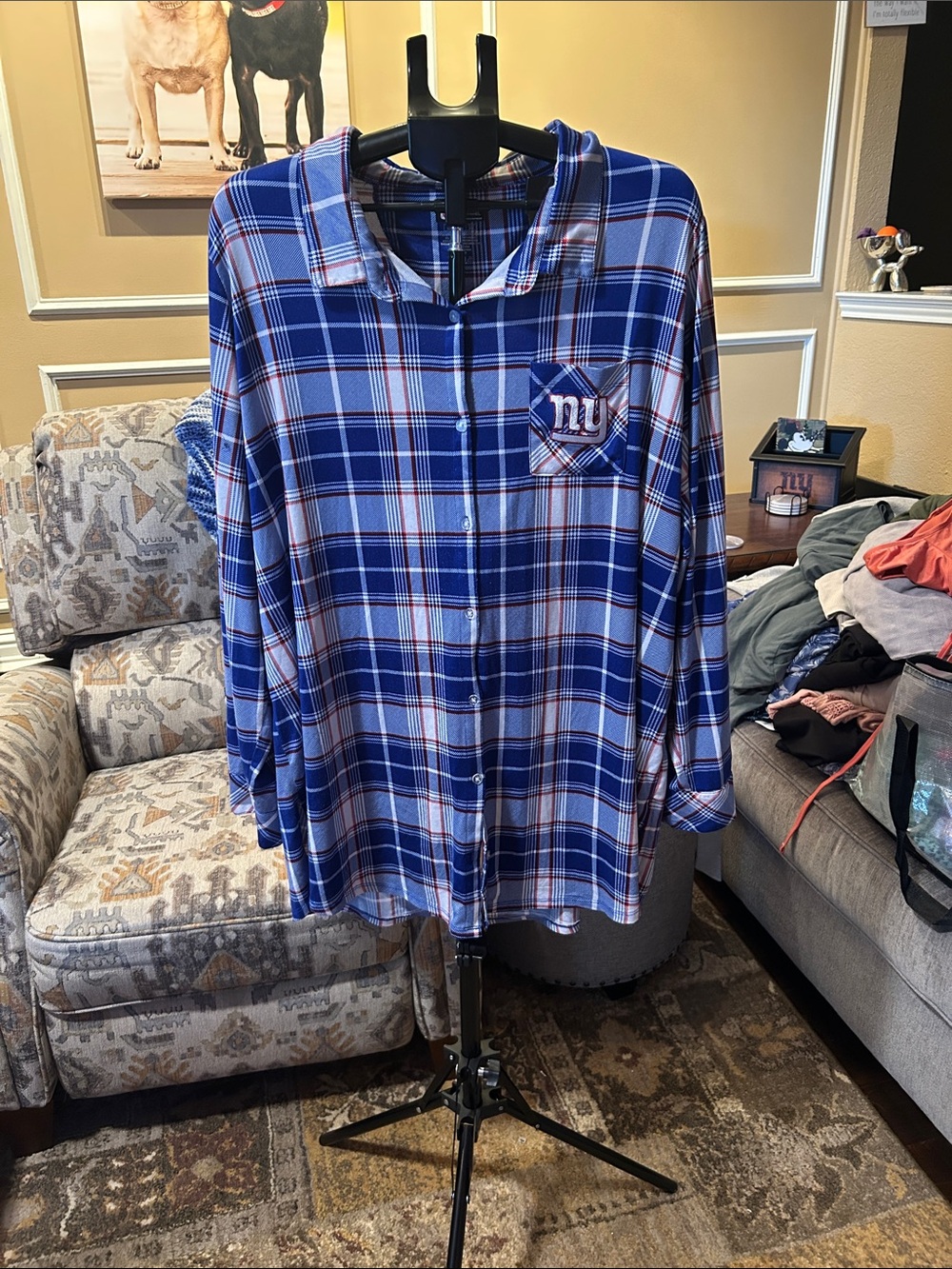 New York Giants Blue Plaid Button-Up Pajama Top